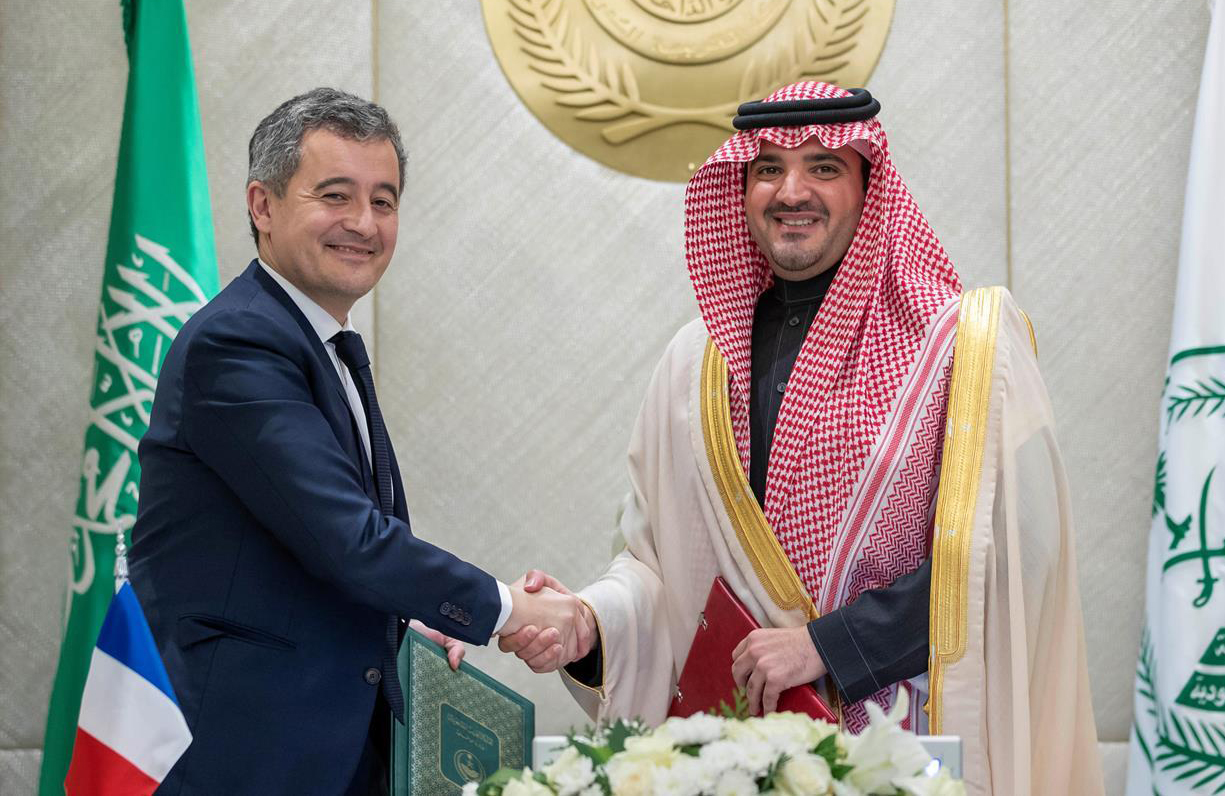 French Interior Minister Gerald Darmanin meets Saudi Interior Minister Prince Abdulaziz bin Saud bin Naif. (SPA)