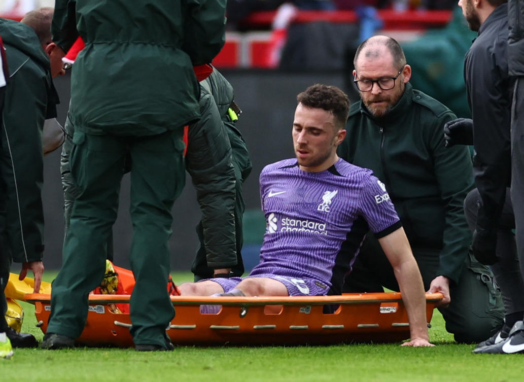 Liverpool’s Diogo Jota is placed on a stretcher after sustaining an injury during their Premier League match against Brentford at Brentford Community Stadium on Feb. 17, 2024. (Reuters)