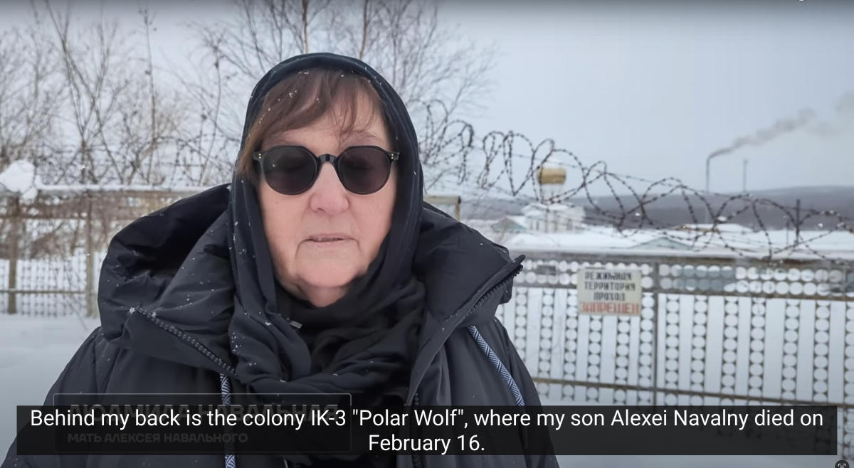In this grab taken from video provided by the Navalny Team on Feb. 20, 2024, Russian Opposition Leader Alexei Navalny’s mother Lyudmila Navalnaya speaks, near the prison colony in the town of Kharp, Russia. (AP)