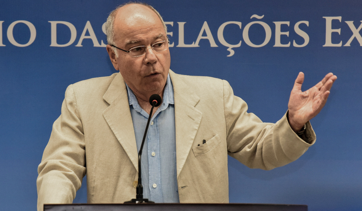 Brazil's Foreign Minister, Mauro Vieira, speaking during a press conference after meeting with Argentina's future chancellor Diana Mondino in Brasilia, on November 26, 2023. (AFP)