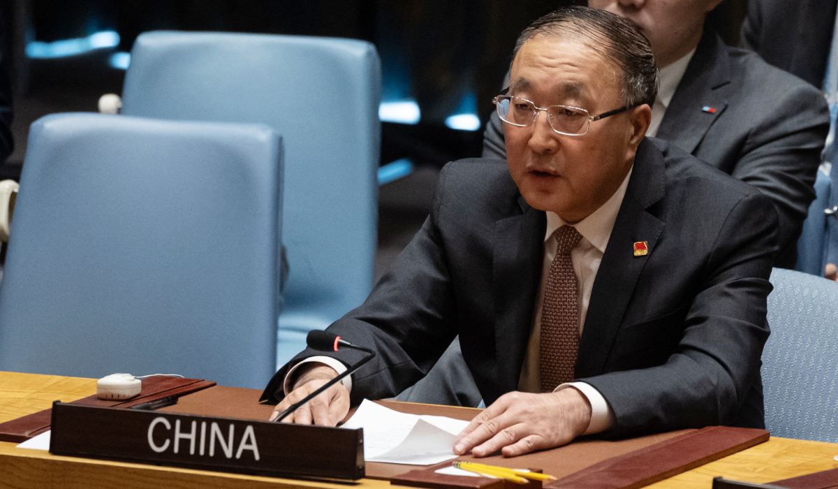 Chinese ambassador to the United Nations Zhang Jun speaks during a United Nations Security Council meeting on Gaza, at UN headquarters in New York City on December 8, 2023. (AFP)