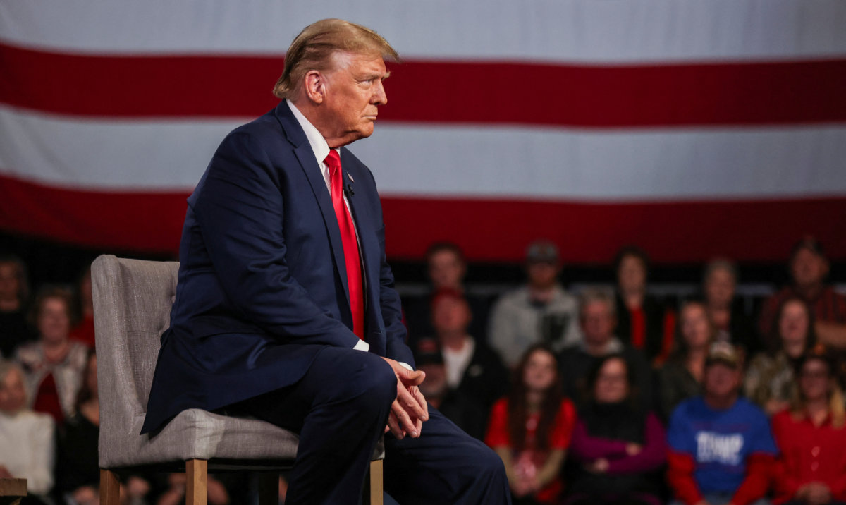Former US President and Republican presidential candidate Donald Trump participates in a Fox News town hall with Laura Ingraham in Greenville, South Carolina, US, February 20, 2024. (Reuters)