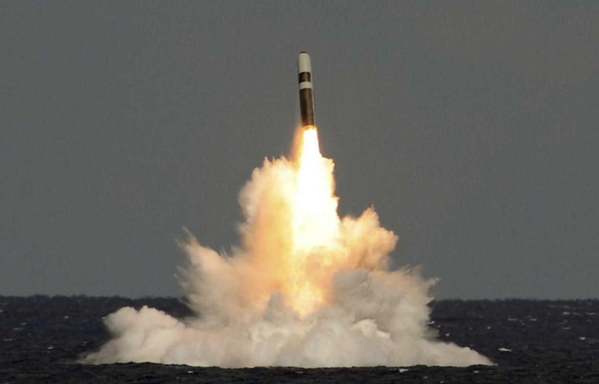 This video grab released on Feb. 21, 2024 by the Ministry of Defense shows a missile firing from HMS Vigilant, which fired an unarmed Trident II (D5) ballistic missile. (AP)