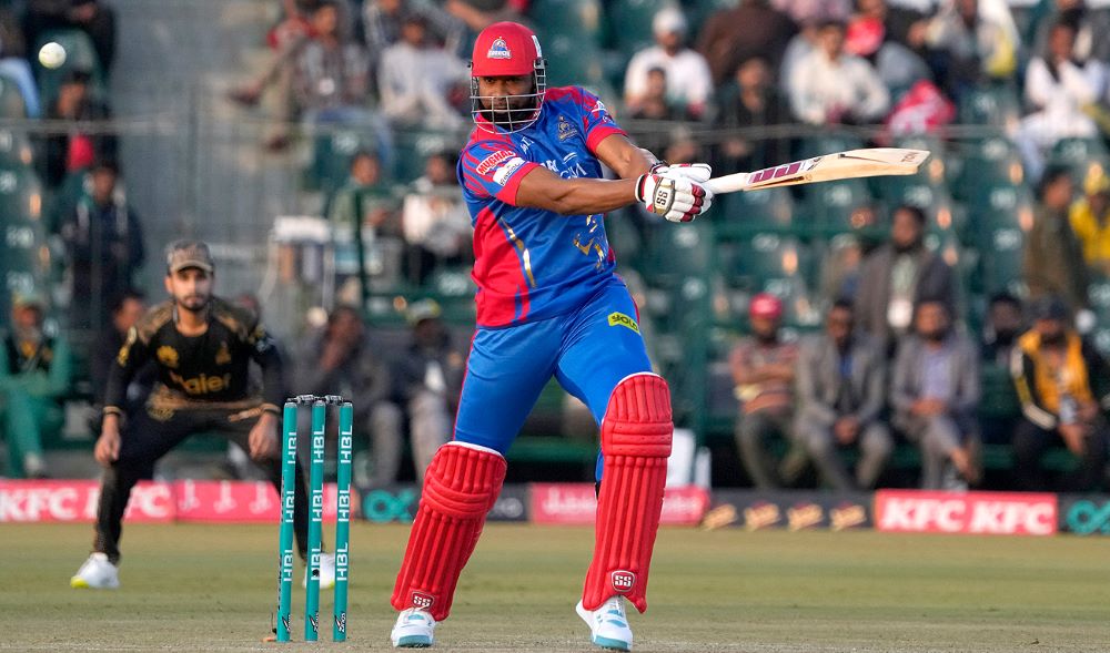 Karachi Kings’ Kieron Pollard plays a shot during the Pakistan Super League T20 cricket match between Peshawar Zalmi and Karachi Kings in Lahore on February 21, 2024. (AP Photo)