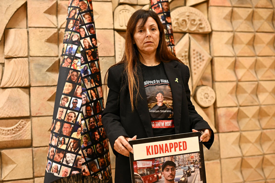 Ayelet Samerano, the mother of Yonatan Samerano who was killed during the Oct. 7 attack, attends a news conference hosted by Hostages Families Forum, where she said that her son was killed and his body taken into Gaza by a UNWRA worker, in Tel Aviv, on Feb. 21, 2024. (Reuters)