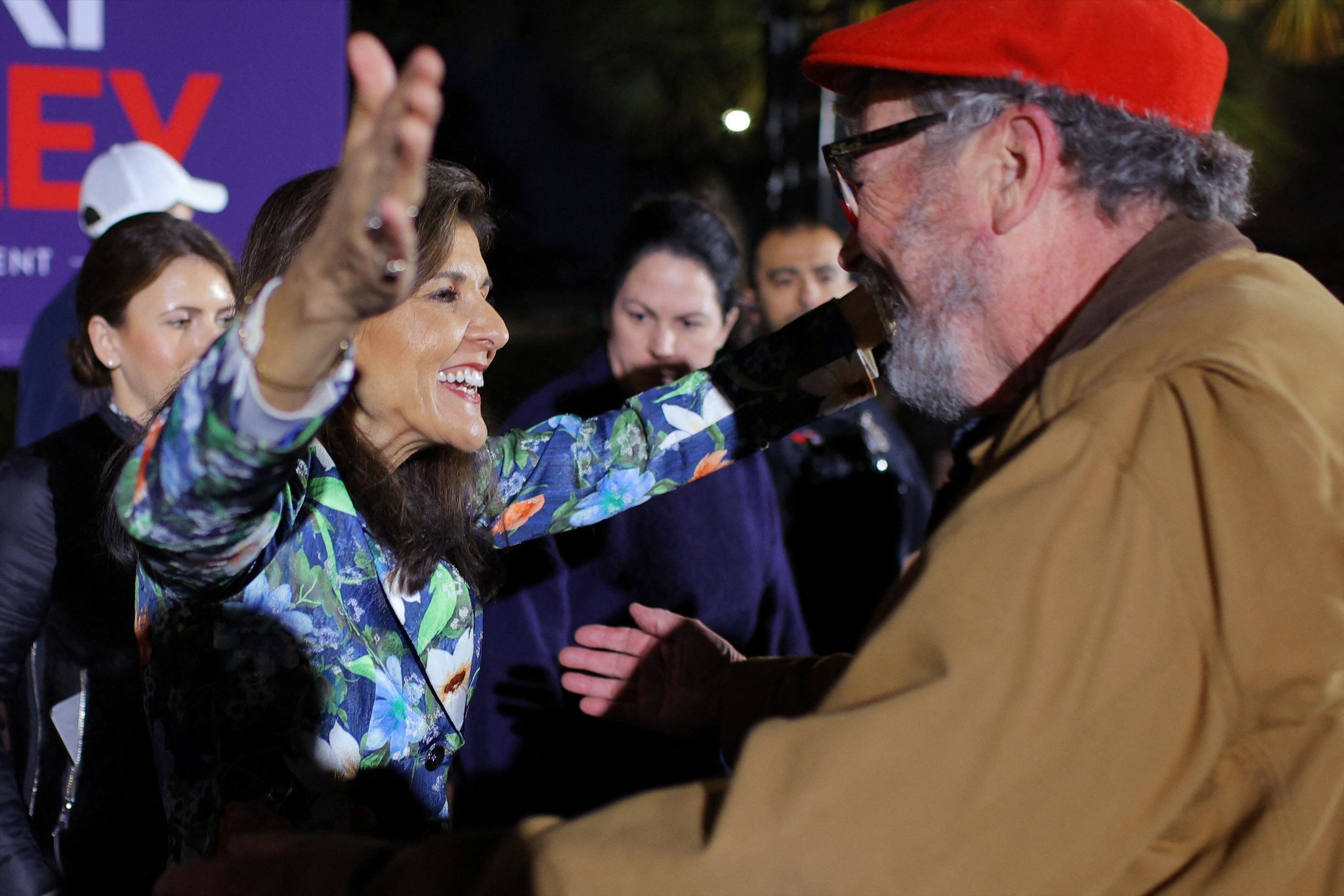Republican presidential candidate and former US Ambassador to the UN Nikki Haley greets supporters during a campaign stop in Beaufort, South Carolina. (Reuters)