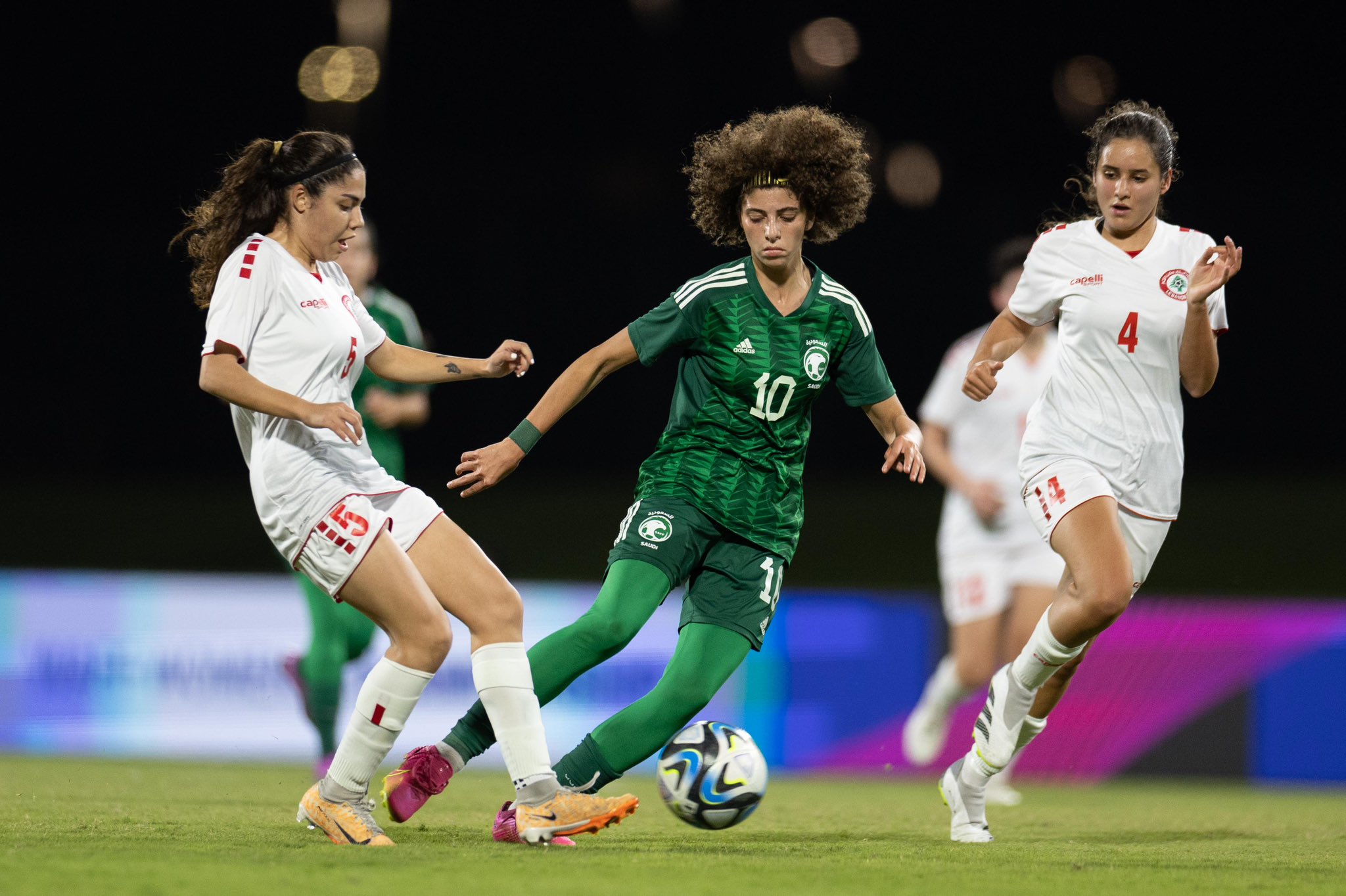 Seba Tawfiq (center) scored Saudi Arabia's second in the 3-2 loss to Lebanon. (X/@saff_wfd)