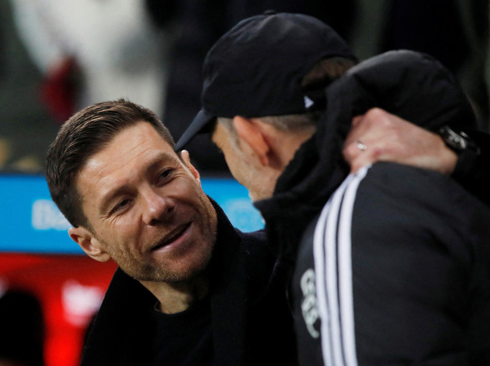 Bayern Munich coach Thomas Tuchel and Bayer Leverkusen coach Xabi Alonso before their Bundesliga match BayArena, on Feb. 10, 2024. (Reuters/File)