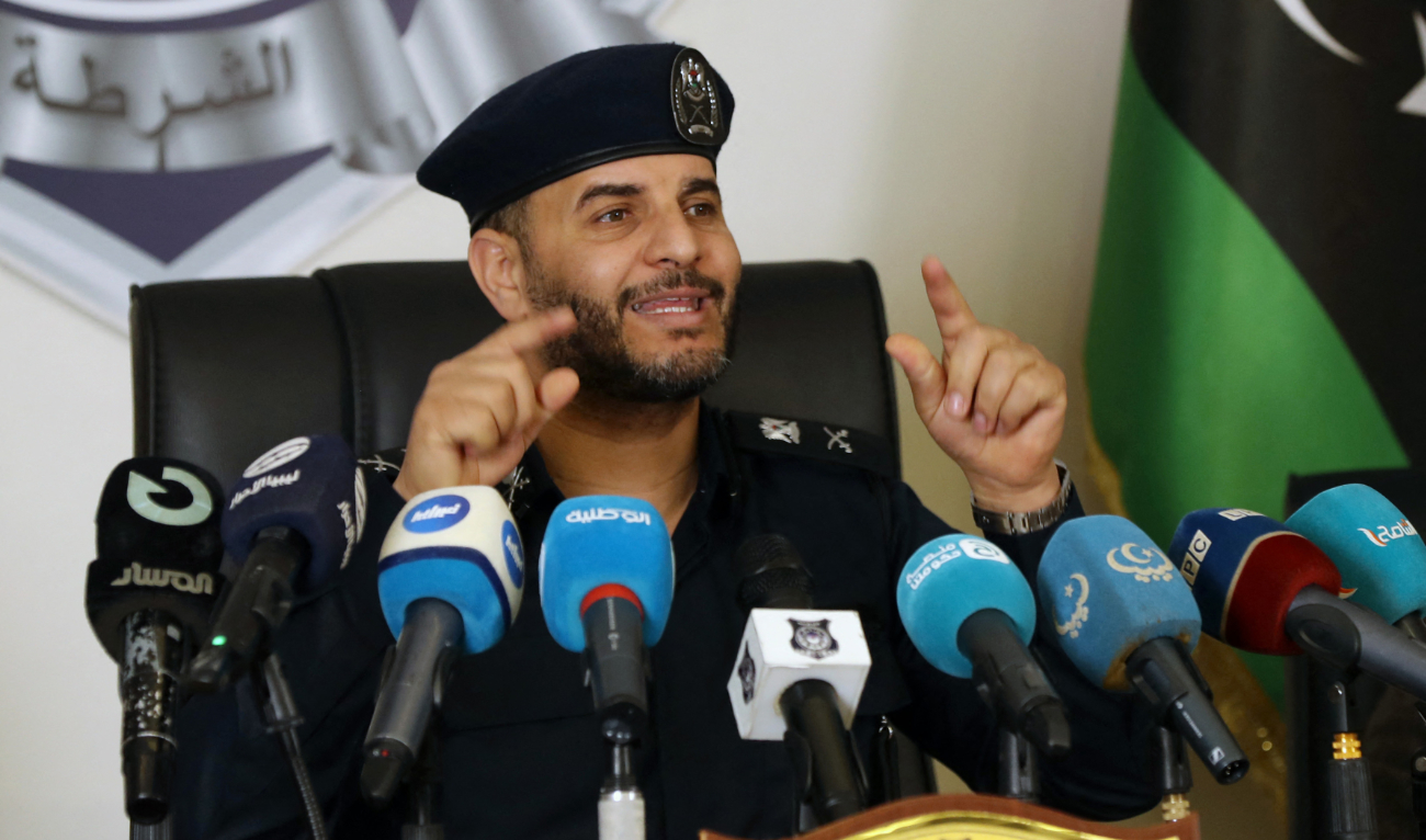 The Minister of the Interior of the Libyan National Unity Government Imed Trabelsi, speaks at a press conference in Tripoli on February 21, 2024. (AFP)