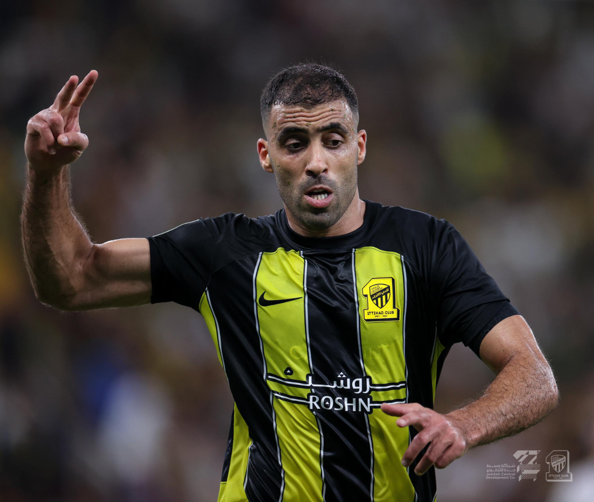 Al-Ittihad striker Abderrazak Hamdallah celebrates after scoring the team's first goal against Navbahor of Uzbekistan on Thursday. (X: @ittihad_en)