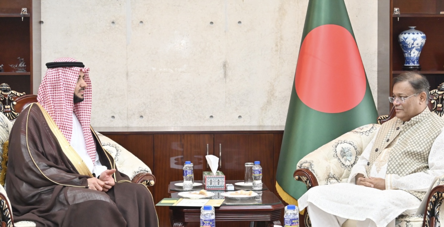 Saudi Ambassador Essa Al-Duhailan meets Bangladeshi Foreign Minister Hasan Mahmud in Dhaka on Feb. 22, 2024. (Bangladesh MoFA)