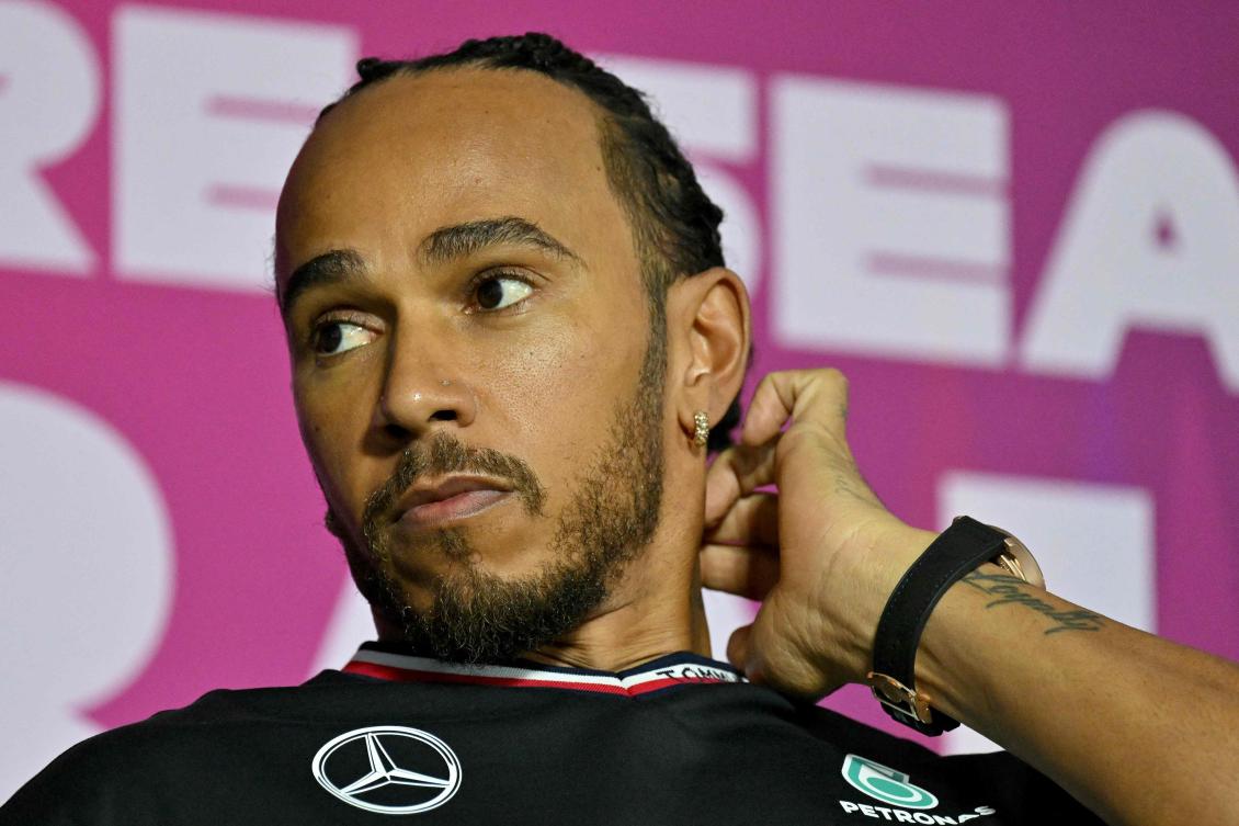 Mercedes' British driver Lewis Hamilton attends a press conference during the third day of the Formula One pre-season testing at the Bahrain International Circuit in Sakhir on Feb. 23, 2024. (AFP)