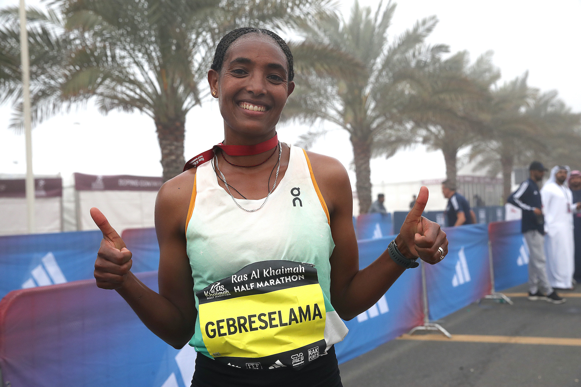 Tsigie Gebreselama of Ethiopia celebrates winning the 2024 Ras Al-Khaimah Half Marathon. (Supplied)