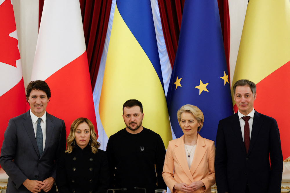 Ukraine’s President Volodymyr Zelensky, European Commission President Ursula von der Leyen, Belgium’s Prime Minister Alexander De Croo, Italian Prime Minister Giorgia Meloni, Canada’s Prime Minister Justin Trudeau attend a joint press conference, on the second anniversary of the full scale Russian invasion, amid Russia’s attack on Ukraine, in Kyiv, Ukraine February 24, 2024. (Reuters)