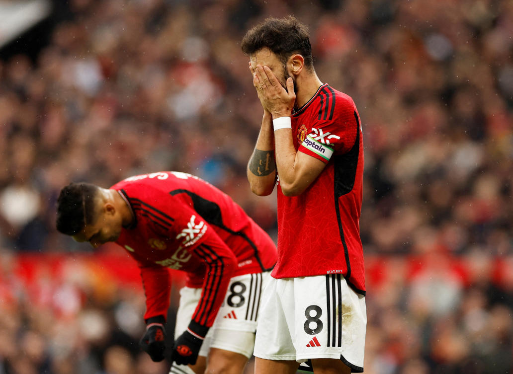 Manchester United’s Bruno Fernandes reacts during their Premier League match against Fulham at Old Trafford, Manchester, on Feb. 24, 2024. (Reuters)