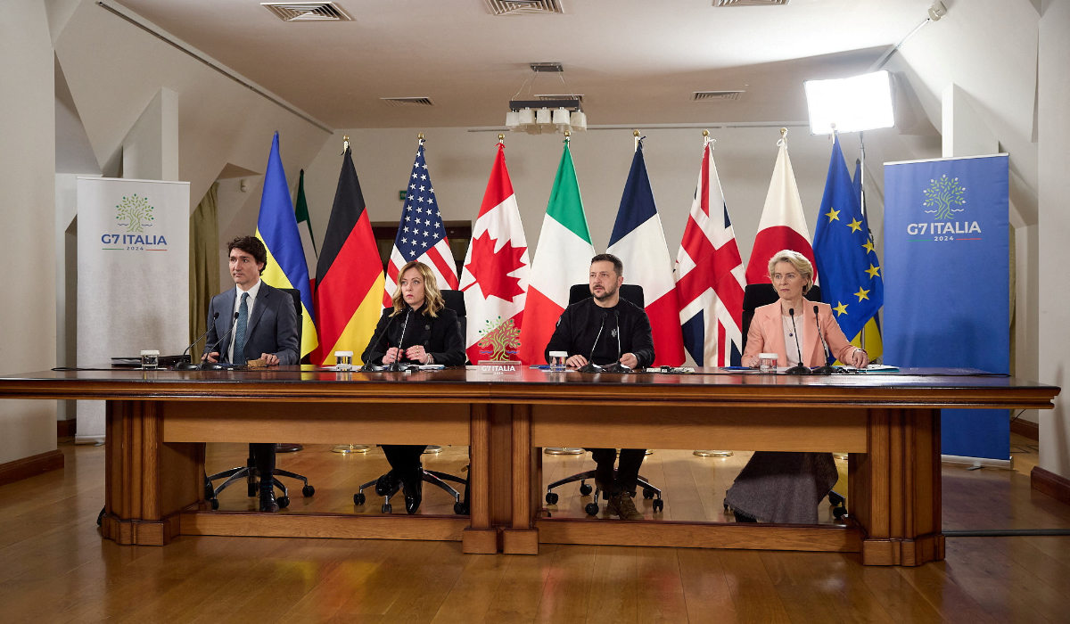 Ukraine's President Volodymyr Zelenskiy, European Commission President Ursula von der Leyen, Italy's Prime Minister Giorgia Meloni and Canada's Prime Minister Justin Trudeau attend a video conference with G7 leaders, on the second anniversary of Russia's invasion of Ukraine, in Kyiv, Ukraine, February 24, 2024. (REUTERS)