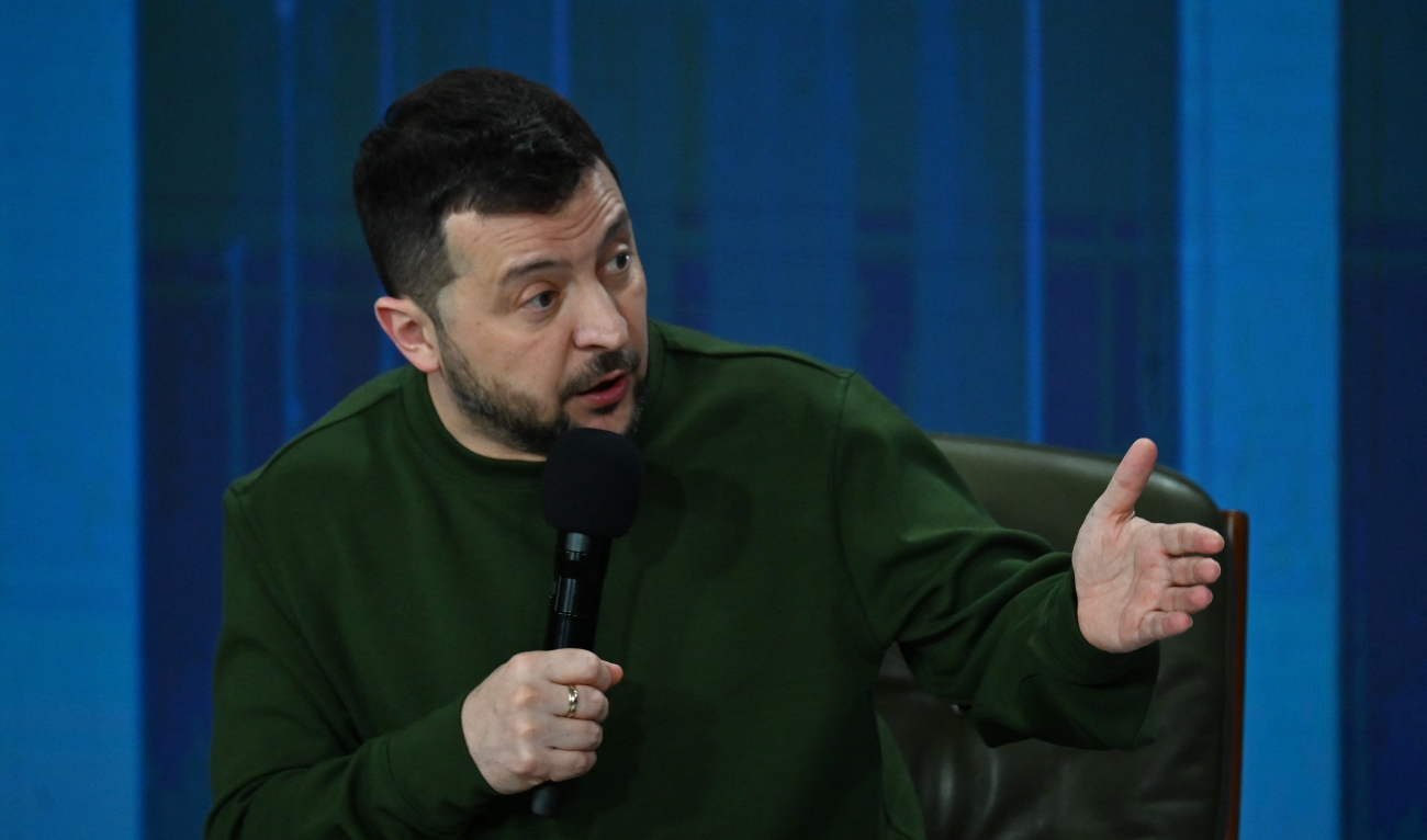 Ukraine’s President Volodymyr Zelensky attends a press conference during the “Ukraine Year 2024” forum in Kyiv on February 25, 2024, marking the second anniversary of the Russian invasion of Ukraine. (AFP)