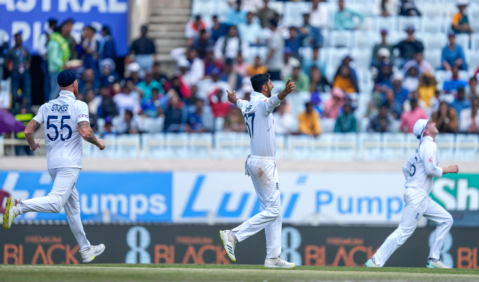 England's Shoaib Bashir, center celebrates the wicket of India's Ravindra Jadeja on the fourth day of the fourth cricket test match between England and India in Ranchi, India, on February 26, 2024. (AP)