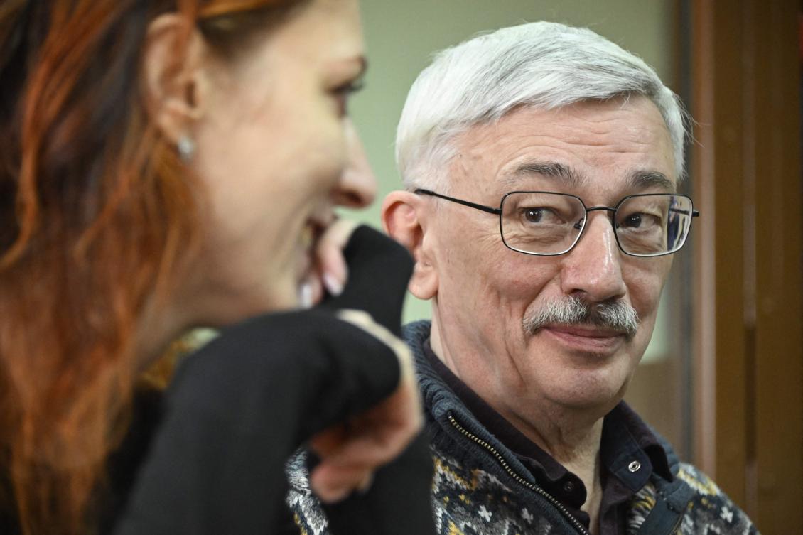 Oleg Orlov, the 70-year-old human rights campaigner and co-chair of the Nobel Prize winning Memorial group, who is charged with "discrediting" the Russian army, appears in court in Moscow on February 26, 2024. (AFP)
