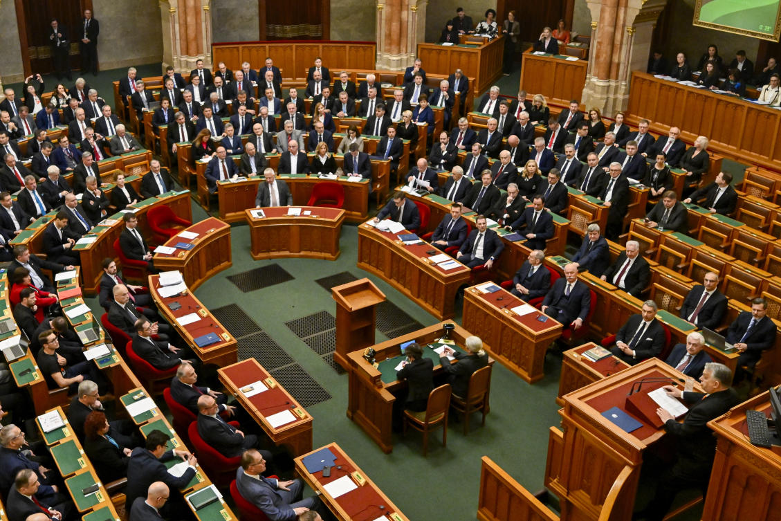 Hungarian Prime Minister Viktor Orban, bottom right, addresses a parliament session, on the day lawmakers are expected to approve Sweden's accession into NATO, in Budapest, Hungary, Monday, Feb 26, 2024. (AP)