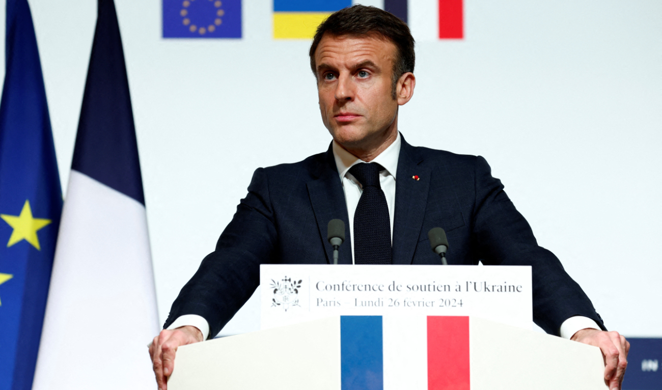 French President Emmanuel Macron speaks during a press conference at the end of the international conference aimed at strengthening Western support for Ukraine, at the Elysee presidential palace in Paris, on February 26, 2024. (AFP)