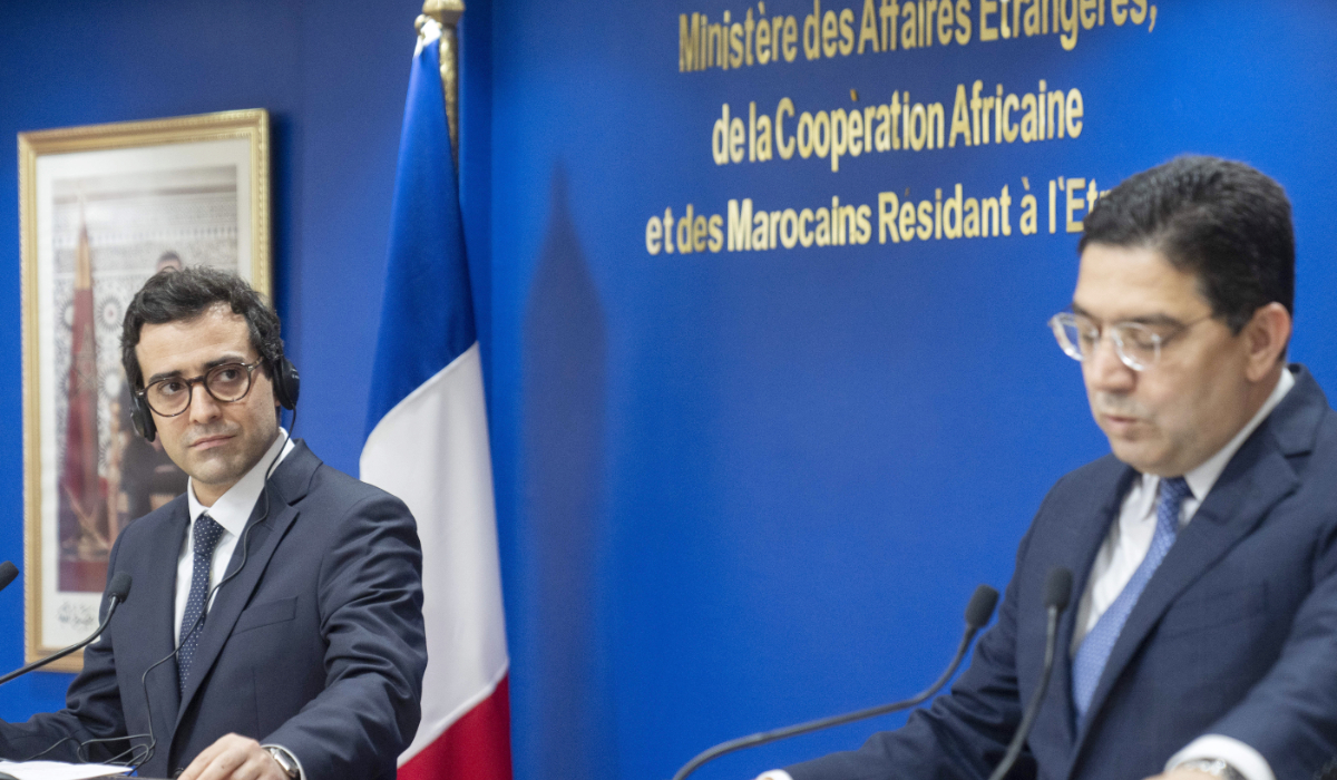 French Foreign Minister Stephane Sejourne Stephane Sejourne, left, attends a press conference with his Moroccan counterpart Nasser Bourita, during an official visit to Rabat, Morocco, Monday, Feb. 26, 2024. (AP)