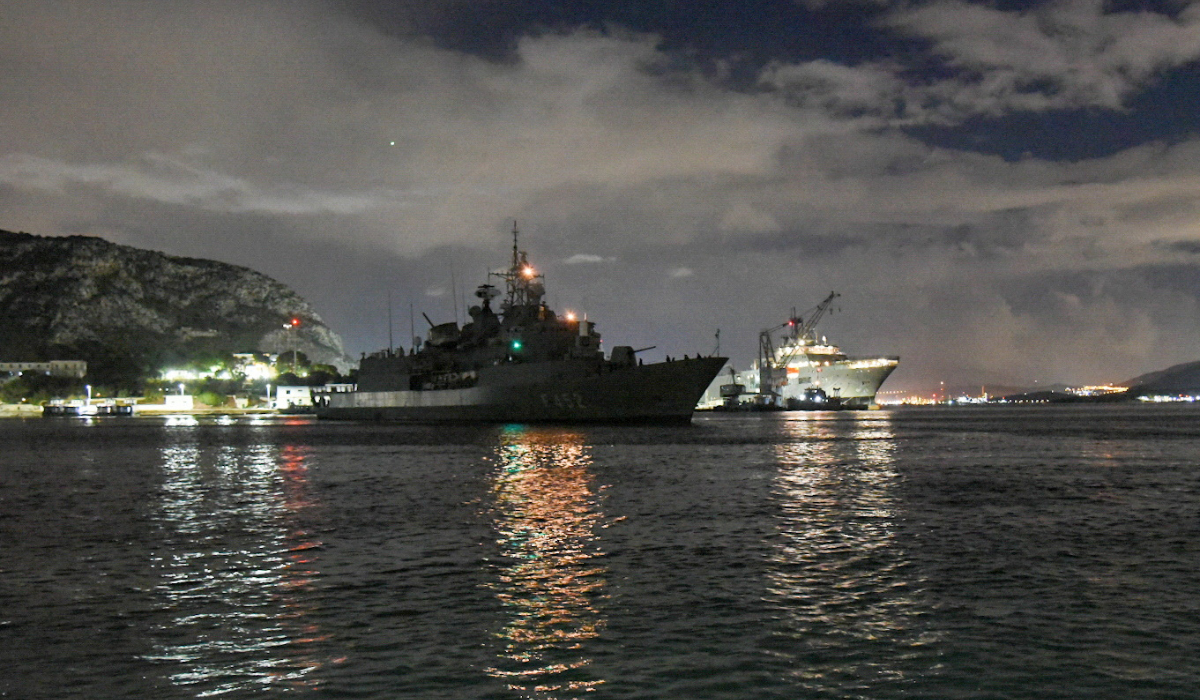 The Greek frigate 'Hydra' sails to take part in the EU naval mission in the Red Sea, at Salamina naval base, Greece, February 26, 2024. (REUTERS)
