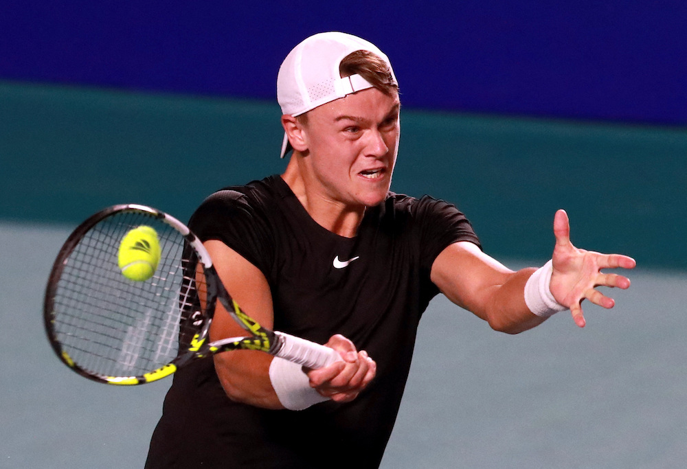 Denmark’s Holger Rune in action during his round of 32 match against Michael Mmoh of the US in the Mexican Open at Arena GNP Seguros, Acapulco, Mexico on Feb. 27, 2024. (Reuters)