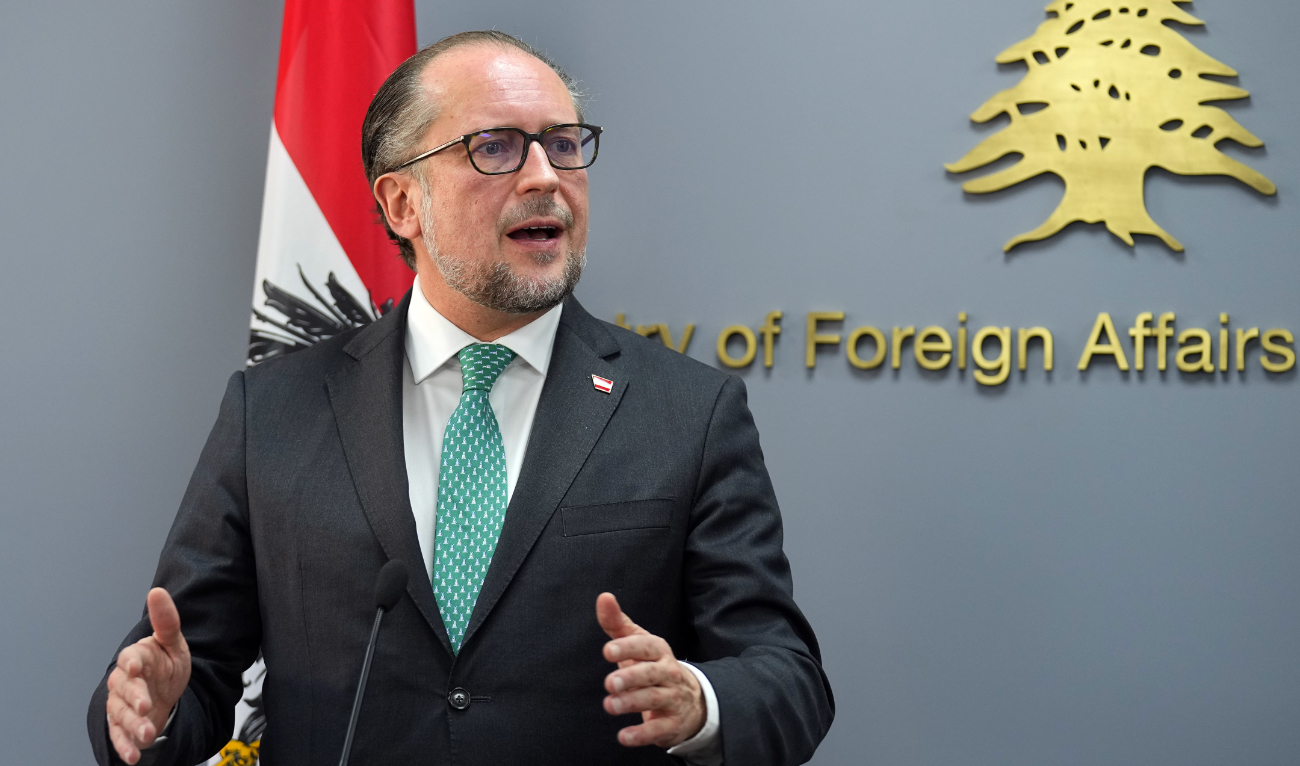 Austrian Foreign Minister Alexander Schallenberg, speaks to journalists during a joint press conference with his Lebanese counterpart Abdallah Bouhabib in Beirut, Lebanon, Thursday, Feb. 29, 2024. (AP)