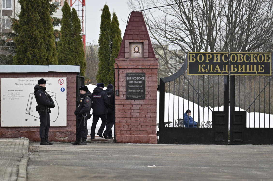Police officers stand guard at the Borisovskoye Cemetery where the funeral of Russian opposition leader Alexei Navalny will be held on Friday, March 1, 2024, in Moscow, Russia. (AP)
