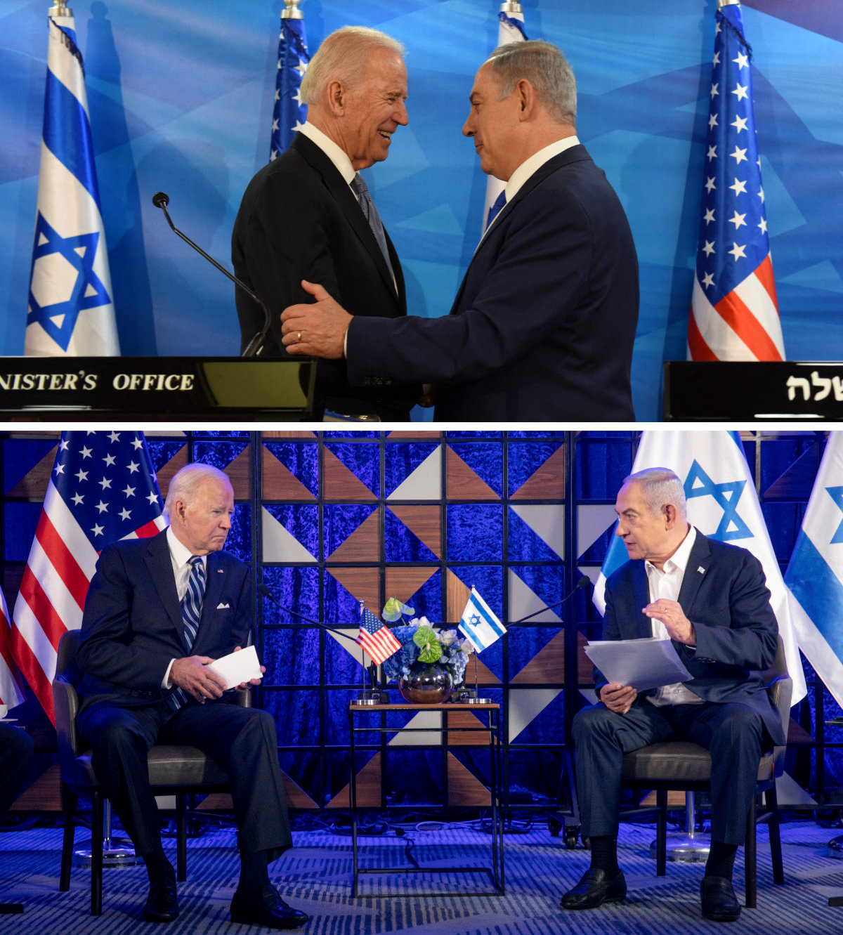 Combo image showing Israeli PM Netanyahu meeting with Joe Biden in 2016, top, and in 2023, bottom. (AFP/AP)