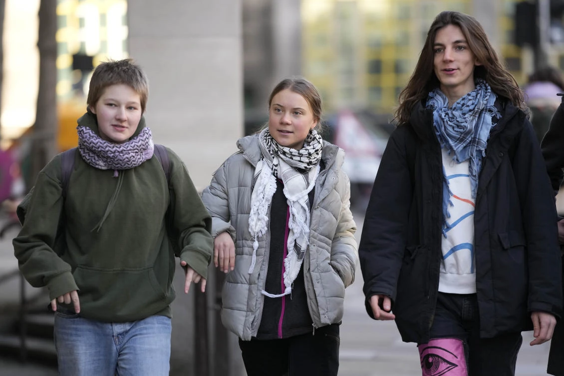Environmental activist Greta Thunberg arrives with others at Westminster Magistrates Court in London, on Feb. 1, 2024.(AP)