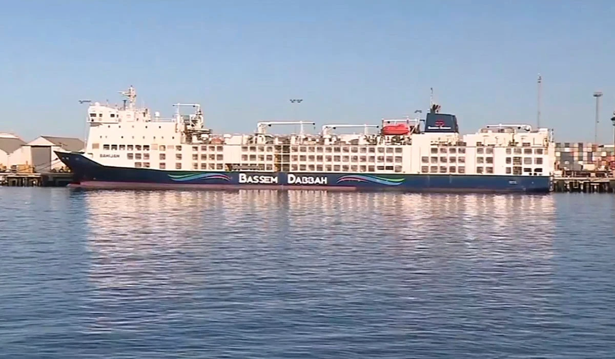 This image made from video shows MV Bahijah ship, with sheep and cattle on board, at a port in Fremantle, Australia, Friday, Feb. 2, 2024. (AP)