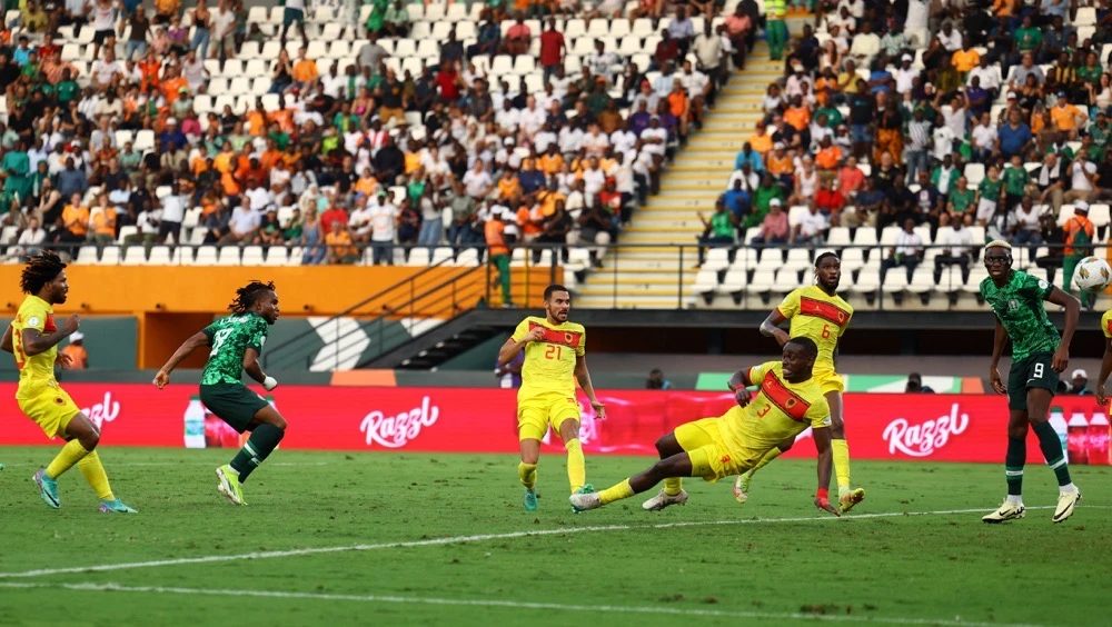 Nigeria’s Ademola Lookman scores their first goal during the Africa Cup of Nations quarterfinal between Nigeria and Angola at Stade Felix Houphouet-Boigny, Abidjan, Ivory Coast on Feb. 2, 2024. (Reuters)