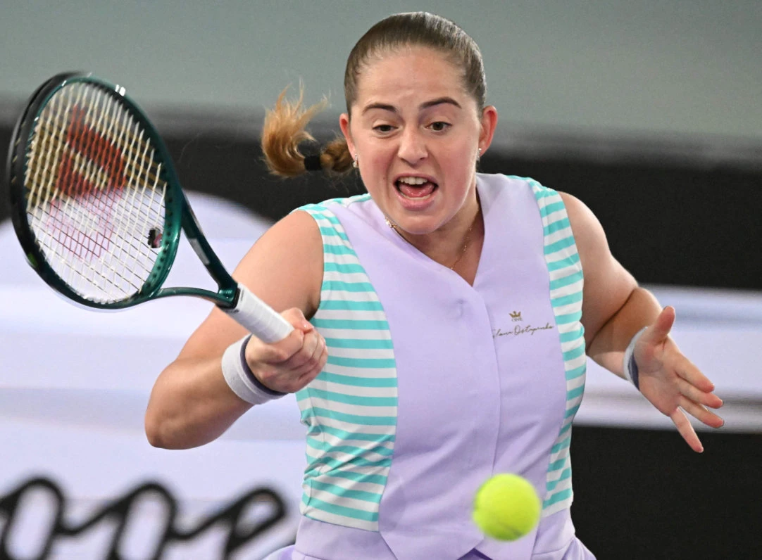 Latvia's Jelena Ostapenko returns the ball to Russia's Ekaterina Alexandrova during the final match of the WTA Upper Austria Ladies Linz tennis tournament in Linz, Austria on February 4, 2024. (AFP)