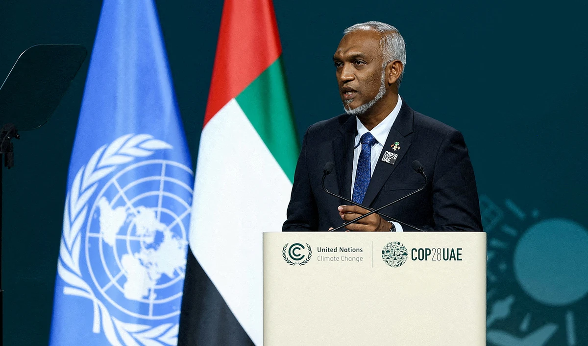 President of the Maldives Mohamed Muizzu delivers a national statement at the World Climate Action Summit during the United Nations Climate Change Conference (COP28) in Dubai, United Arab Emirates, December 1, 2023. (REUTERS/File)