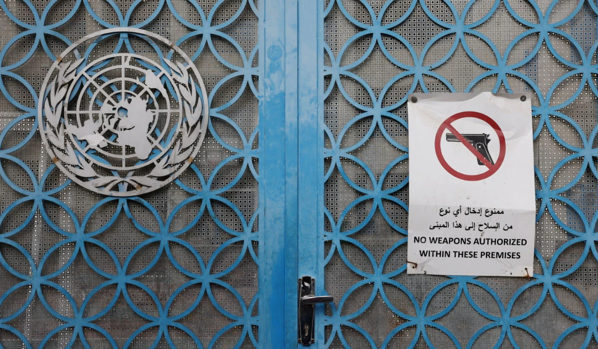 The UNRWA school gate is pictured in the Aida refugee camp in Bethlehem in the Israeli-occupied West Bank, February 5, 2024. (REUTERS)