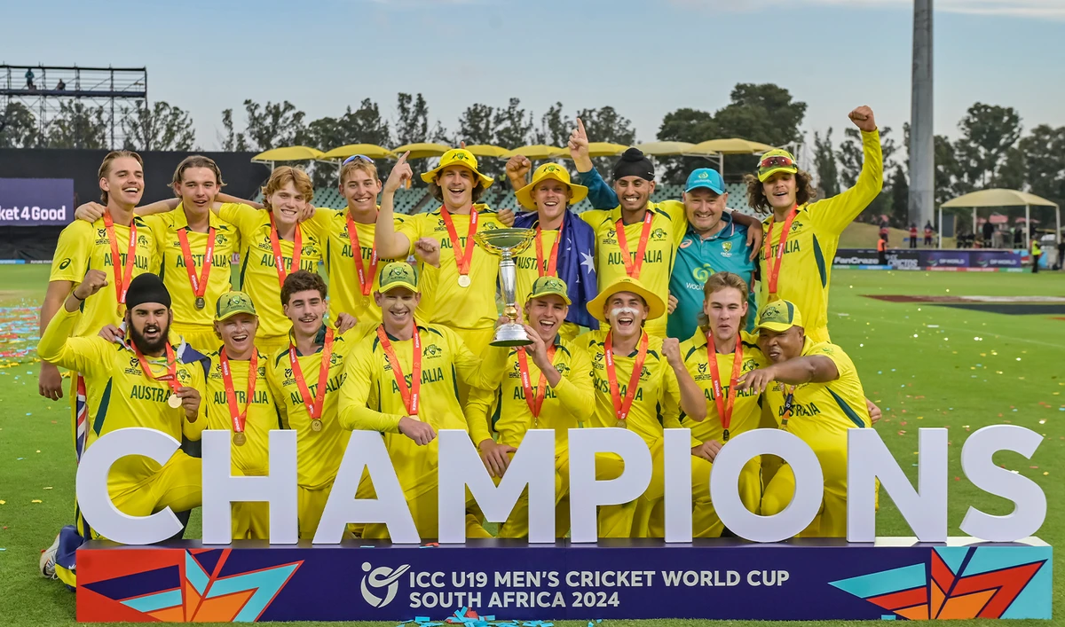 Australia celebrates winning the ICC U19 men's Cricket World Cup Final between India and Australia and overall tournament, in Benoni, South Africa, on February 11, 2024. (AP)