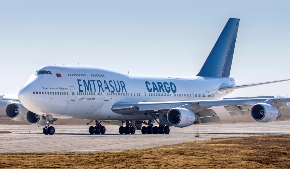 A Venezuelan-owned Boeing 747, operated by Venezuela's state-owned Emtrasur cargo line, taxis on the runway after landing in Cordoba, Argentina, June 6, 2022. (AP)