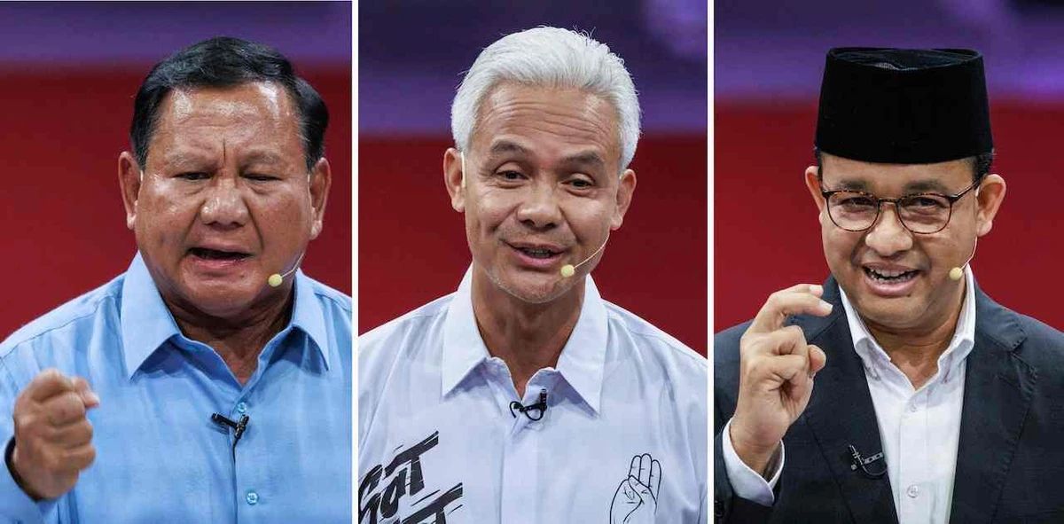 This combination photo shows Indonesia's presidential candidates Ganjar Pranowo (C), Prabowo Subianto (L) and Anies Baswedan speaking during the first presidential election debate in Jakarta on Dec. 12, 2023. (AFP)