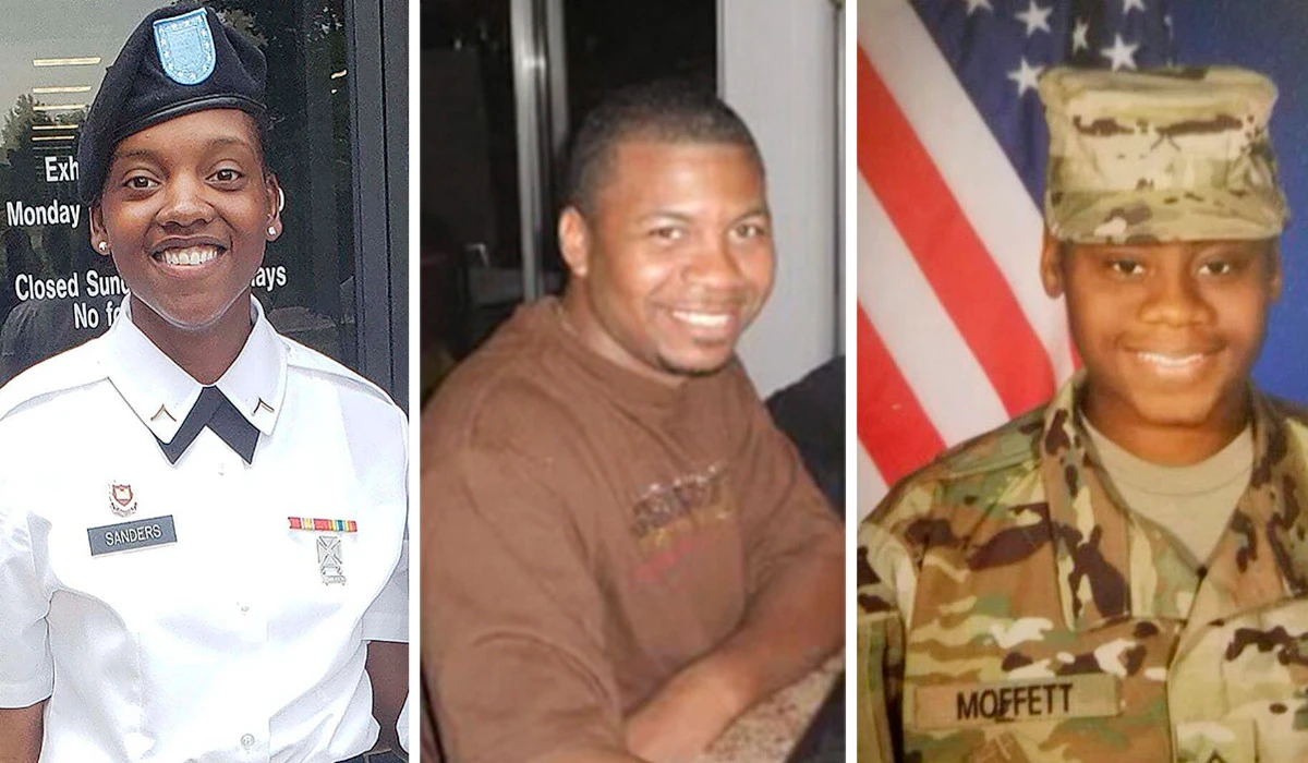 This combination of photos provided by Shawn Sanders, left, and the U.S. Army, center and right, show from left to right, Sgt. Kennedy Sanders, Staff Sgt. William Jerome Rivers and Sgt. Breonna Alexsondria Moffett. (AP)