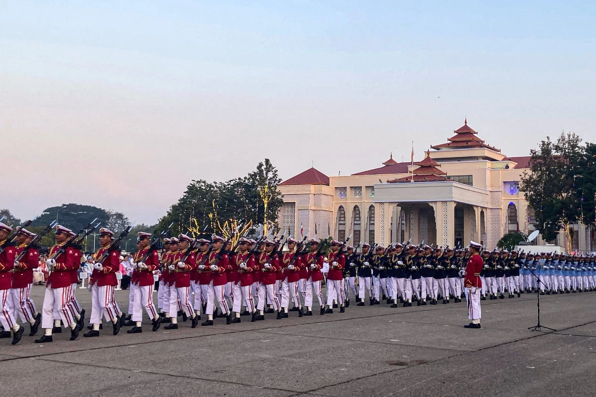 Myanmar junta military soldiers parade during a ceremony to mark the 77th anniversary of the country's Union Day in Naypyidaw on February 12, 2024. (AFP)