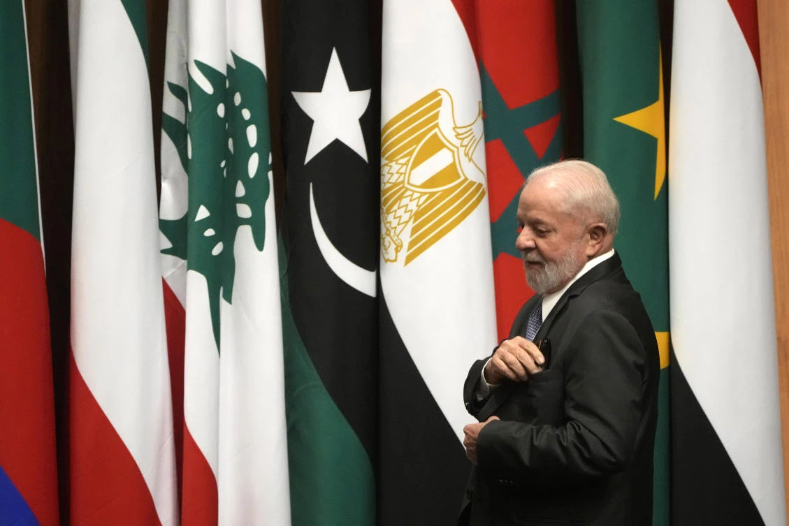 Brazilian President Luiz Lula da Silva prepares to give a speech at the Arab League headquarters in Cairo on Feb. 15, 2024. (AP)