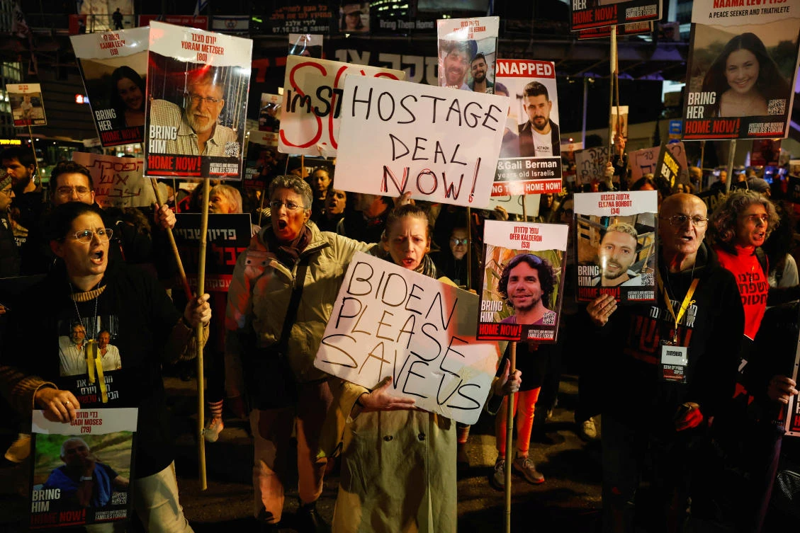 Relatives of hostages and supporters take part in a protest calling for their release in Tel Aviv on Feb. 15, 2024. (Reuters)