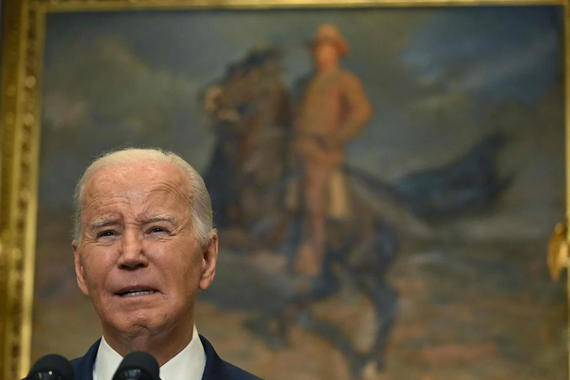 US President Joe Biden speaks about the death of Russian opposition leader Alexei Navalny, in the Roosevelt Room of the White House in Washington, DC, on Feb. 16, 2024. (AFP)