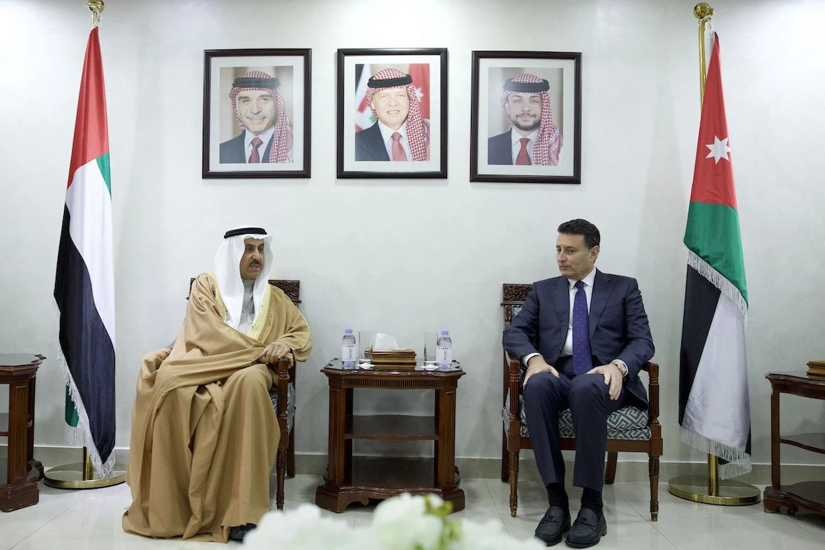 Ahmed Safadi, the speaker of the House of Representatives, the lower house of the Jordanian parliament, and Saqr Ghobash, speaker of the UAE Federal National Council. (WAM)