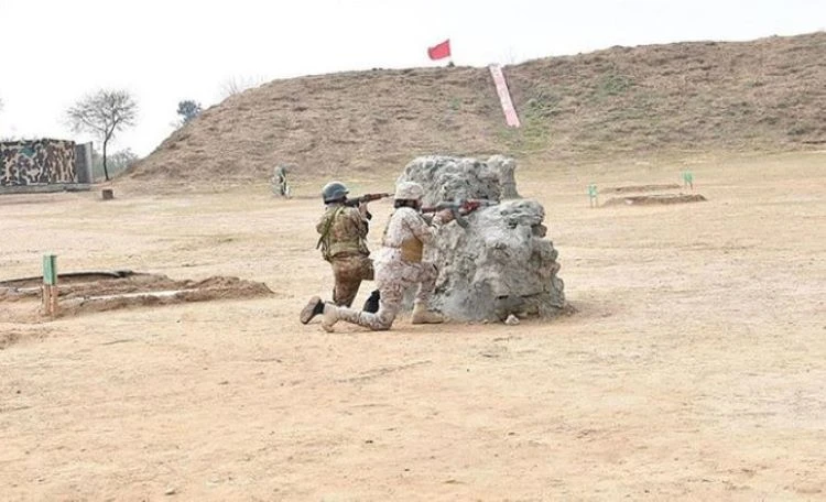 Soldiers of the Pakistani Army and the Royal Saudi Land Forces during a joint military exercise in Pakistan’s eastern city of Muzaffargarh on Feb. 19, 2024. (Radio Pakistan)