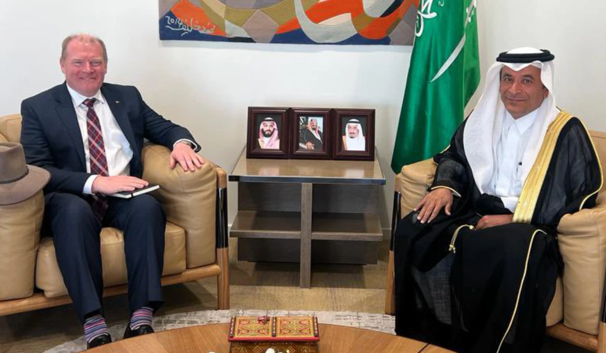 Ali Al-Yousef receives Mark Donovan in Riyadh. (Supplied)