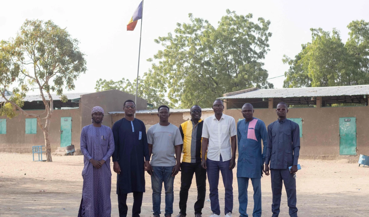 Nan-Arabe Lodoum, third from left, poses with other members of the Association of Unemployed Graduates in N’Djamena on February 19, 2024. (AFP)