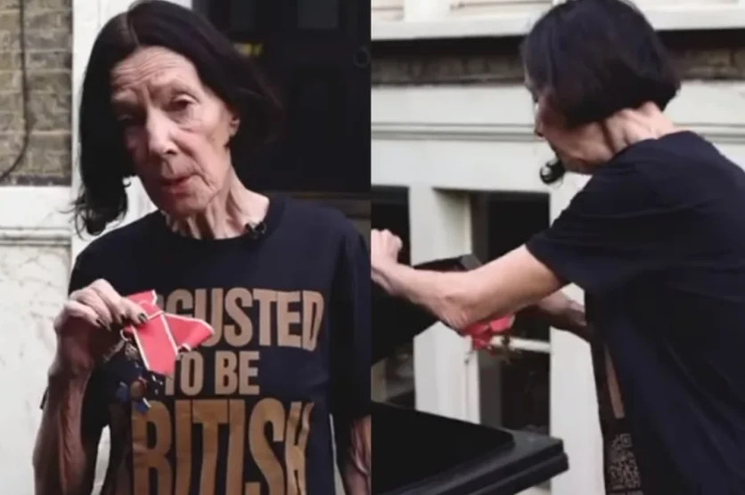 British designer Katharine Hamnett throws her CBE in the bin. (Instagram/Katharine Hamnett)